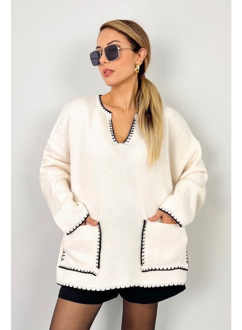 Ritnice Women's Rio Wide Cut Ecru Edges Embroidered V-Neck Knitwear Sweater - Image 1
